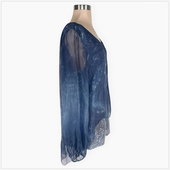 H Trend Italy Blue Gray Tie Dye Silk Sequin Layered Flowy Feminine Top Blouse M - Picture 2 of 5